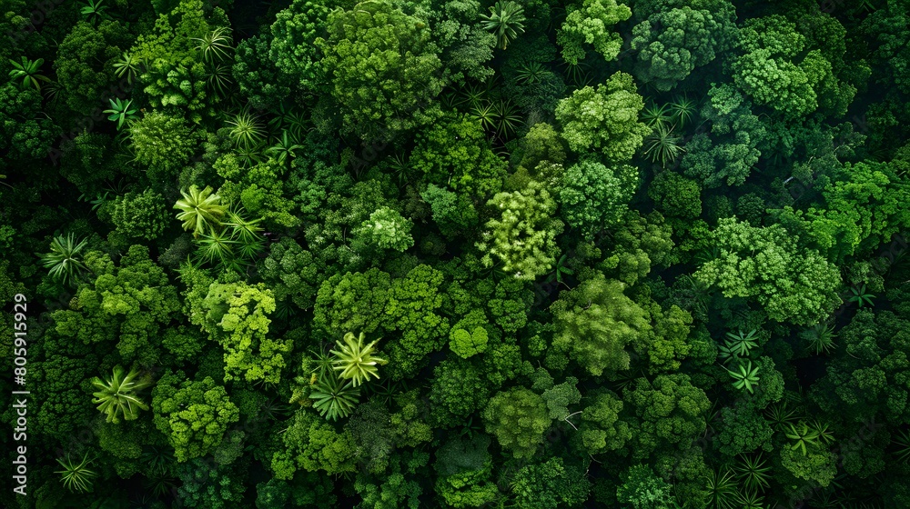 Aerial view of a dense forest with lush green trees, from a top down perspective. An aerial view of a dense jungle foliage with many different tree species, from a topdown view. 