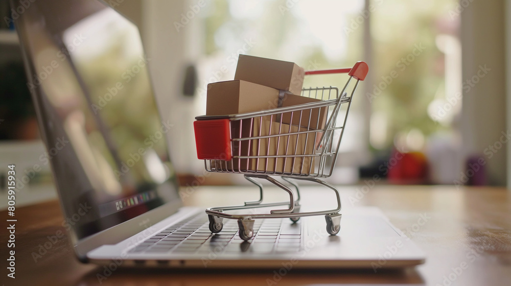 Against the backdrop of a laptop display, a shopping cart filled with boxes represents the efficiency and reliability of online retailers in delivering goods directly to consumers'