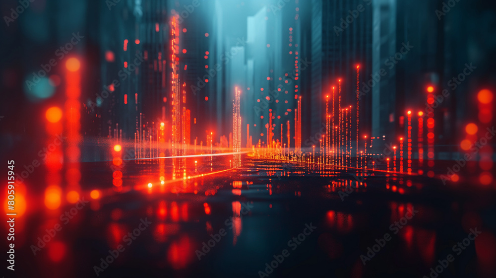 Fototapeta premium Abstract glowing big data forex candlestick chart on blurry city backdrop. Trade, technology, investment and analysis concept. double exposure of wireframe city interface.