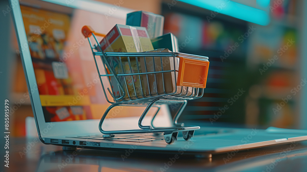 Positioned precariously on a laptop's edge, a shopping cart filled with boxes showcases the abundance of products available through digital marketplaces, catering to diverse consum