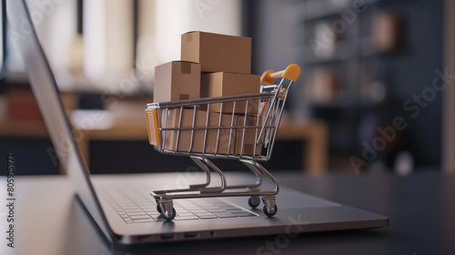 Positioned precariously on a laptop's edge, a shopping cart filled with boxes showcases the abundance of products available through digital marketplaces, catering to diverse consum photo