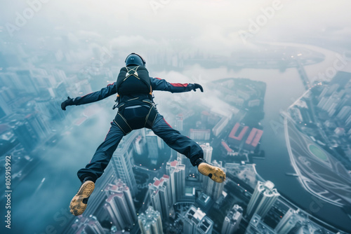 Base jumper is leaping and flying in air under the city, cityscape background, extreme sport , man skydiver