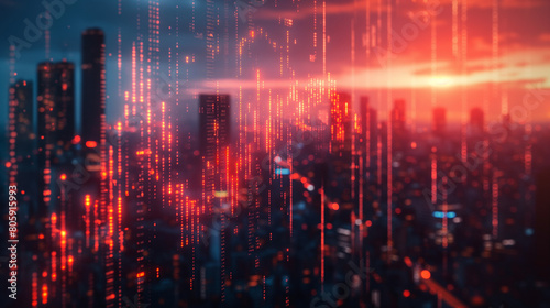 Abstract glowing big data forex candlestick chart on blurry city backdrop. Trade, technology, investment and analysis concept. double exposure of wireframe city interface.