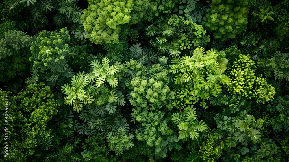 Naklejka premium Aerial view of a dense forest with lush green trees, from a top down perspective. An aerial view of a dense jungle foliage with many different tree species, from a topdown view. 