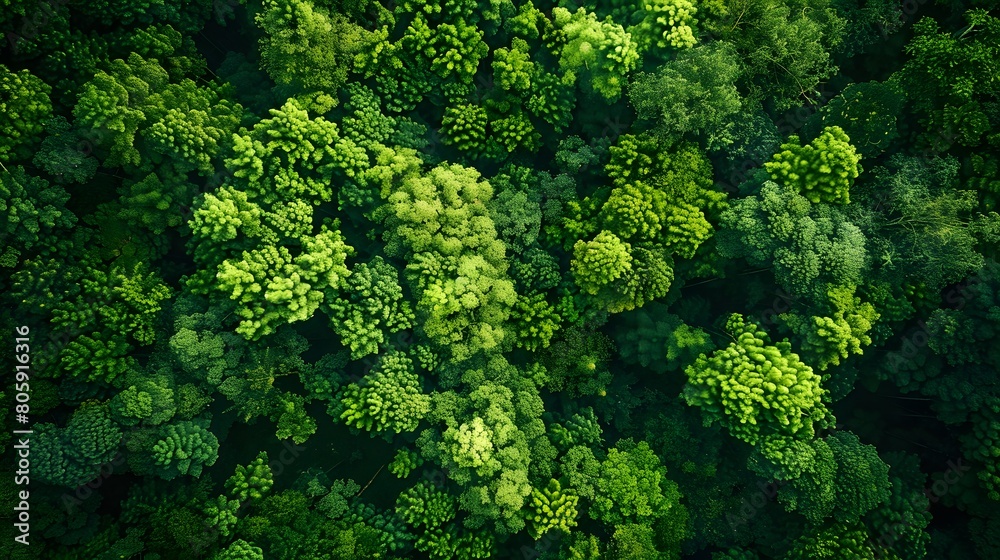 Aerial view of a dense forest with lush green trees, from a top down perspective. An aerial view of a dense jungle foliage with many different tree species, from a topdown view. 
