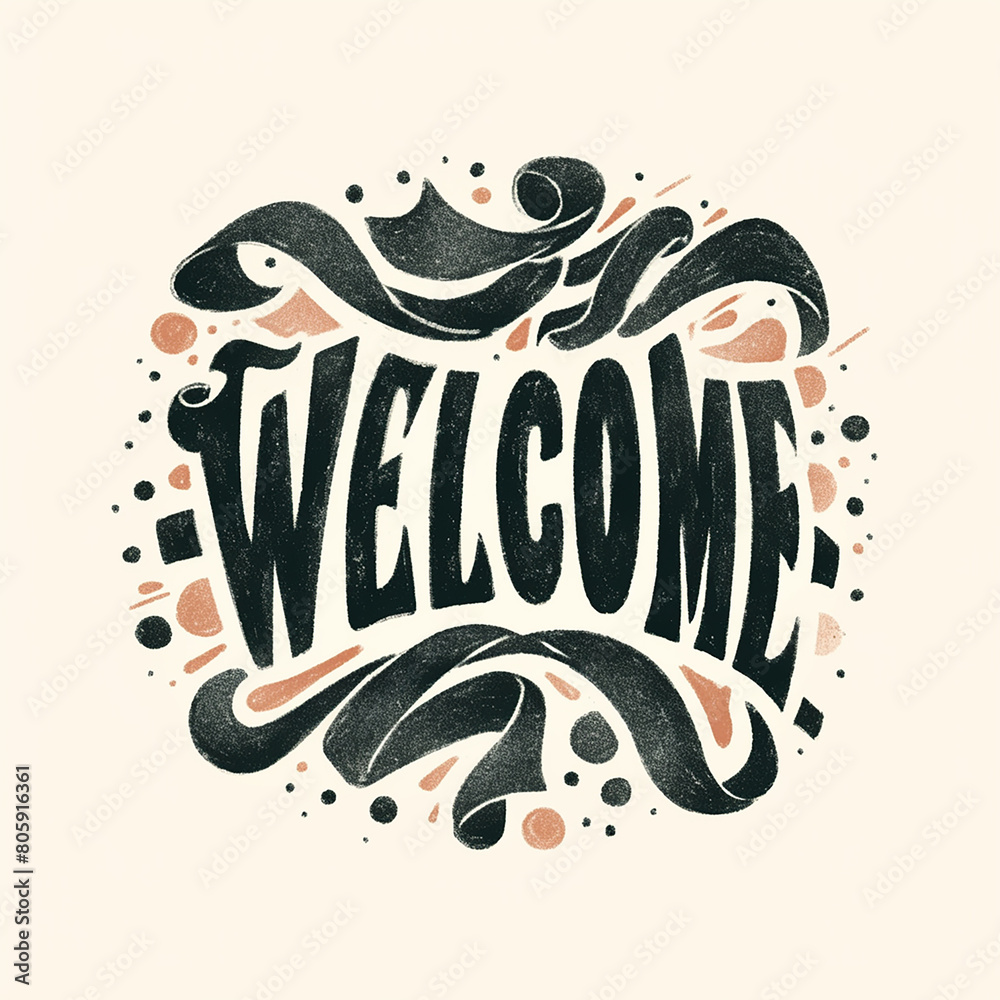A black and white Logo Welcome sign. The text is written in cursive style and has a lot of swirls and dots