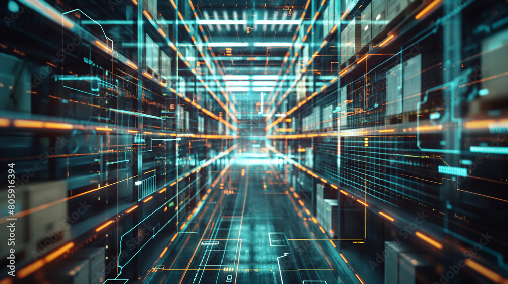 A futuristic warehouse scene with storehouse boxes neatly organized, as a smart system digital background orchestrates the time pick order and product check process for efficient s