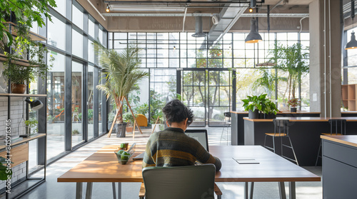 Within a sleek coworking space  a person works at a laptop with a blank screen  benefiting from the collaborative atmosphere and contemporary interior design for creative inspirati
