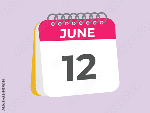 June 12 calendar reminder. 12 June daily calendar icon template. Calendar 12 June icon Design template. Vector illustration
