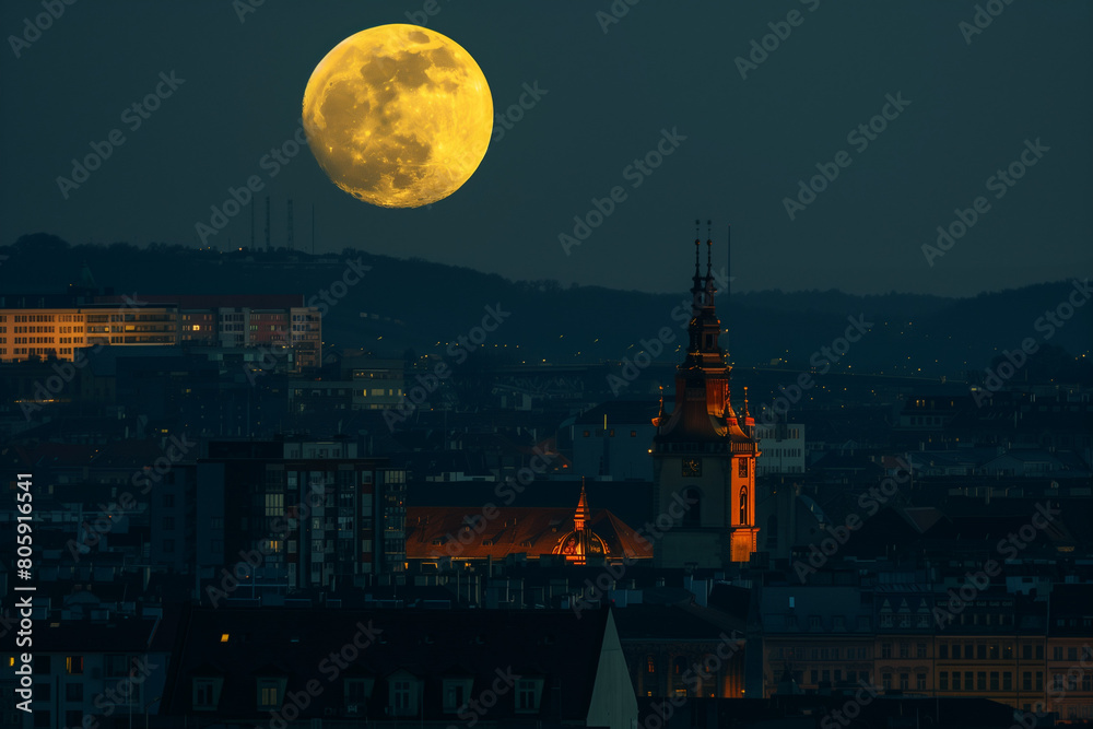 Naklejka premium Huge full moon at night with lights from city view