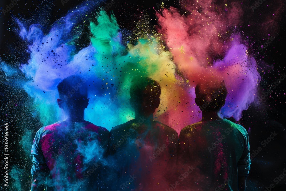 Fototapeta premium Energetic Celebration: Group of Friends Exploding with Joy Amidst a Vibrant Color Holi Festival