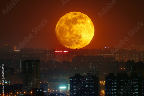Huge full moon at night with lights from city view