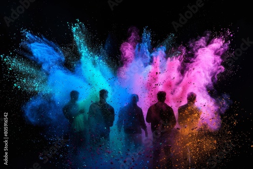 Energetic Celebration: Group of Friends Exploding with Joy Amidst a Vibrant Color Holi Festival