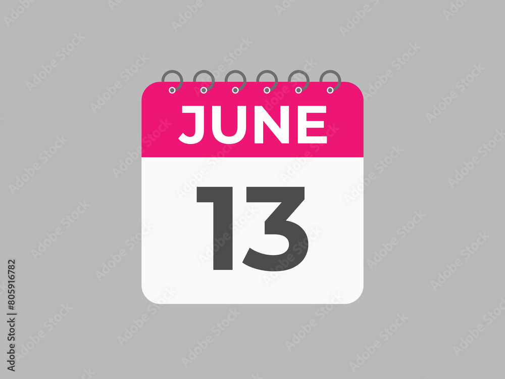 June 13 calendar reminder. 13 June daily calendar icon template. Calendar 13 June icon Design template. Vector illustration
June 13 calendar reminder. 13 June daily calendar icon template. Calendar 13 June icon Design template. Vector illustration