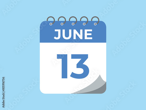 June 13 calendar reminder. 13 June daily calendar icon template. Calendar 13 June icon Design template. Vector illustration
