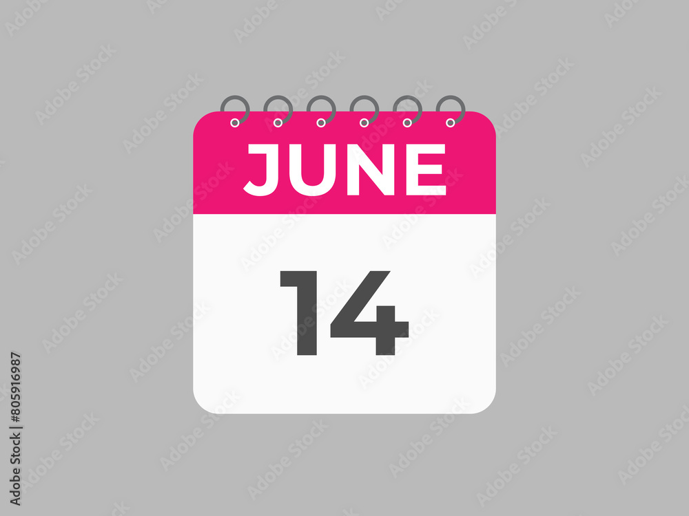 June 14 calendar reminder. 14 June daily calendar icon template. Calendar 14 June icon Design template. Vector illustration
June 14 calendar reminder. 14 June daily calendar icon template. Calendar 14 June icon Design template. Vector illustration