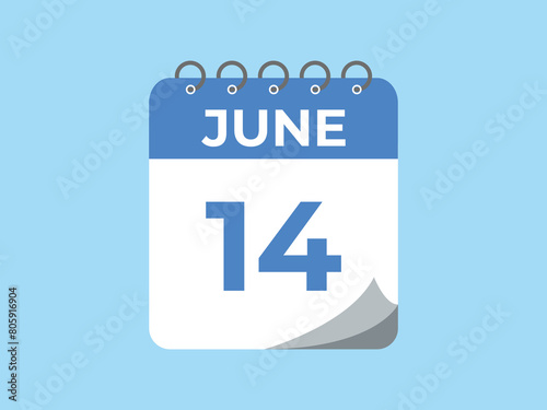 June 14 calendar reminder. 14 June daily calendar icon template. Calendar 14 June icon Design template. Vector illustration
