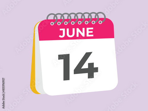 June 14 calendar reminder. 14 June daily calendar icon template. Calendar 14 June icon Design template. Vector illustration
