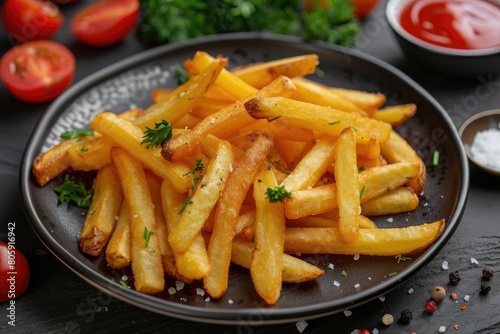 French fries on a black plate, kitchen Beijing, salad dressing and hot sauce, delicious gourmet food, potato chips