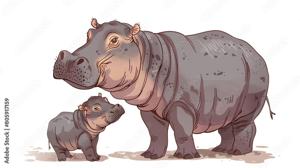 Fototapeta premium A cute cartoon illustration shows an adult hippopotamus and baby hippo