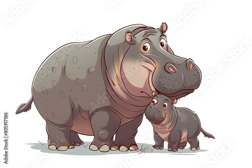 A cute cartoon illustration shows an adult hippopotamus and baby hippo