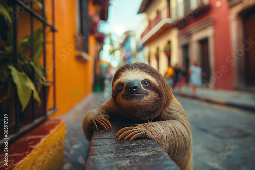 A threetoed sloth rests on a city wall, observing urban surroundings. Generative AI photo