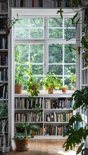 Building filled with books  plants on shelves in front of window
