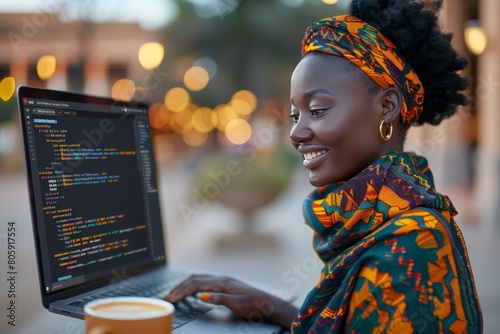 African woman software engineer in innovation environment with educational resources and warm drinks