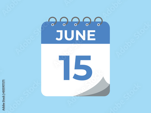 June 15 calendar reminder. 15 June daily calendar icon template. Calendar 15 June icon Design template. Vector illustration
