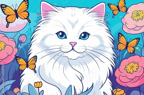 A beautiful  white  Siberian cat with flowers and butterflies. A big head. A painted postcard. A cover for a notebook  book  notebook. Mother s Day  March 8  birthday  congratulations on the holiday.