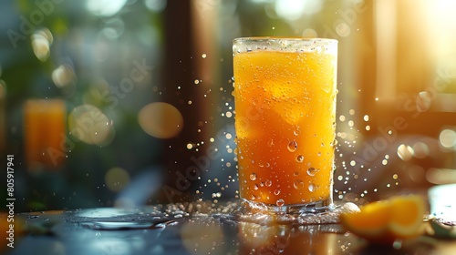 A frosty glass of orange juice, dewkissed and backlit by morning sunlight, refreshing and vibrant