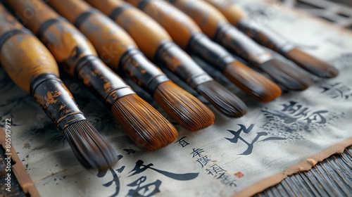 Art supplies for Chinese calligraphy, horsehair brushes, ink wash on silk, detailed brush handles