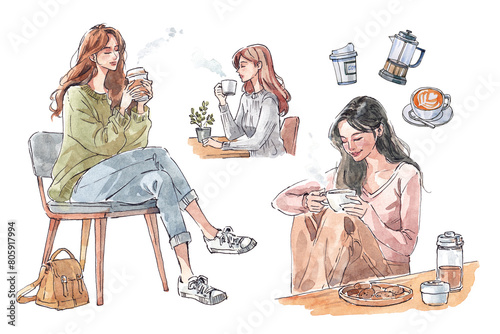 Watercolor and line drawing of a woman drinking coffee and sitting at a cafe. © weeramix