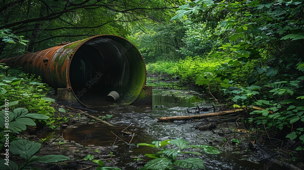 Roadside culvert pipe amidst lush greenery, a contrast of nature and manmade structure, serene setting, Roadside culvert pipe amidst lush greenery, a contrast of nature and manmade structure, serene setting,