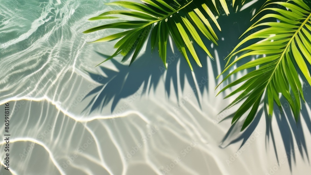 Tropical palm leaves on white sand background. Summer concept.