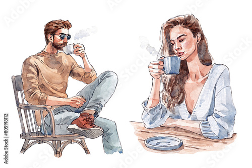Watercolor and line drawing of a man and woman drinking coffee and sitting at a cafe. © weeramix