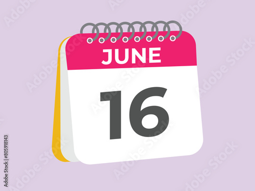 June 16 calendar reminder. 16 June daily calendar icon template. Calendar 16 June icon Design template. Vector illustration
