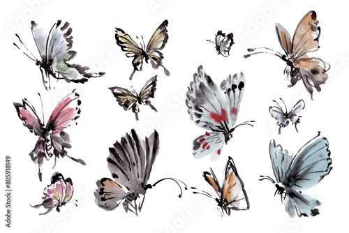 watercolor painting in traditional Chinese ink style , various kinds of flying butterfly. © weeramix