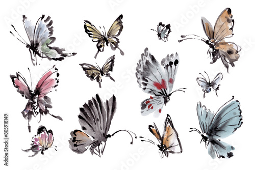 Photography watercolor painting in traditional Chinese ink style , various kinds of flying butterfly