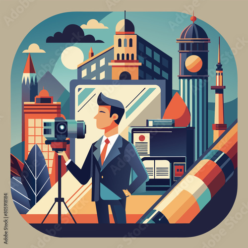 Person with a suitcase. Male TV Reporter Holding a Microphone Vector Illustration