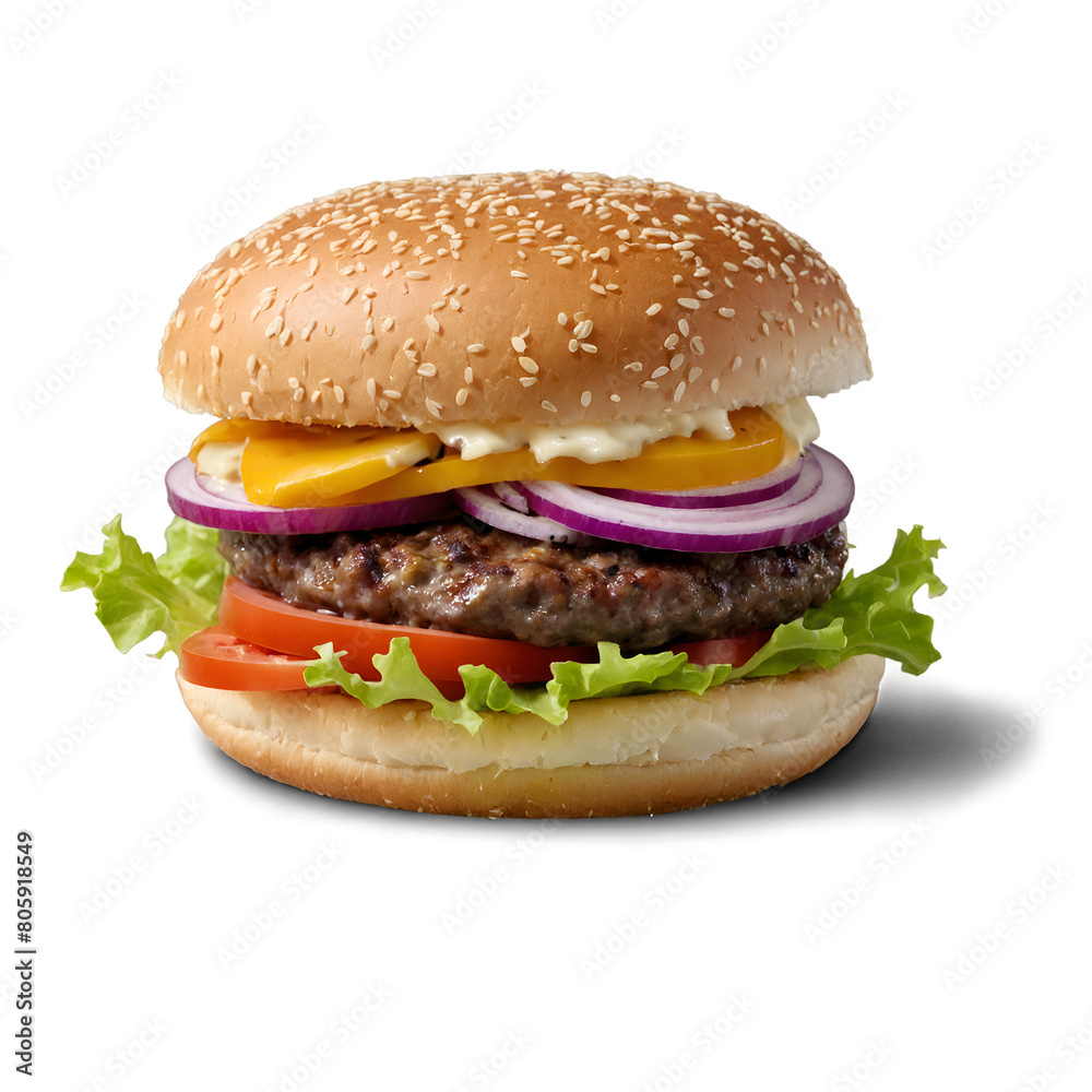 A delicious cheeseburger with fresh pickles, onion, tomato, and lettuce. Transparent background. A delicious cheeseburger with fresh pickles, onion, tomato, and lettuce. Transparent background.