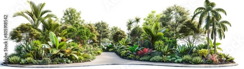 A lush tropical garden with palm trees and a path