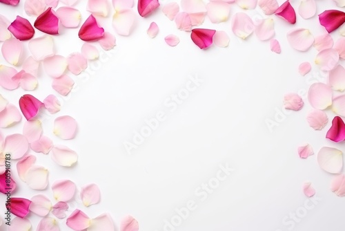 Delicate frame of pink and magenta rose petals on a white background, ideal for elegant romantic messages. © Anatolii