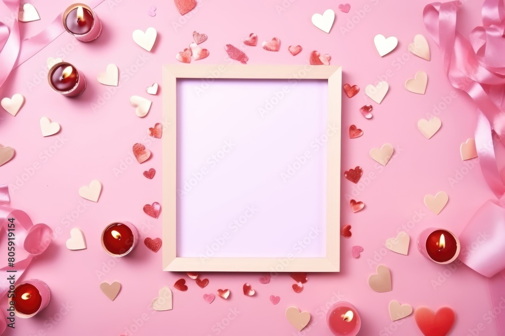 Festive Valentine's Day concept with a frame and pink romantic decorations. Festive Valentine's Day concept with a frame and pink romantic decorations.
