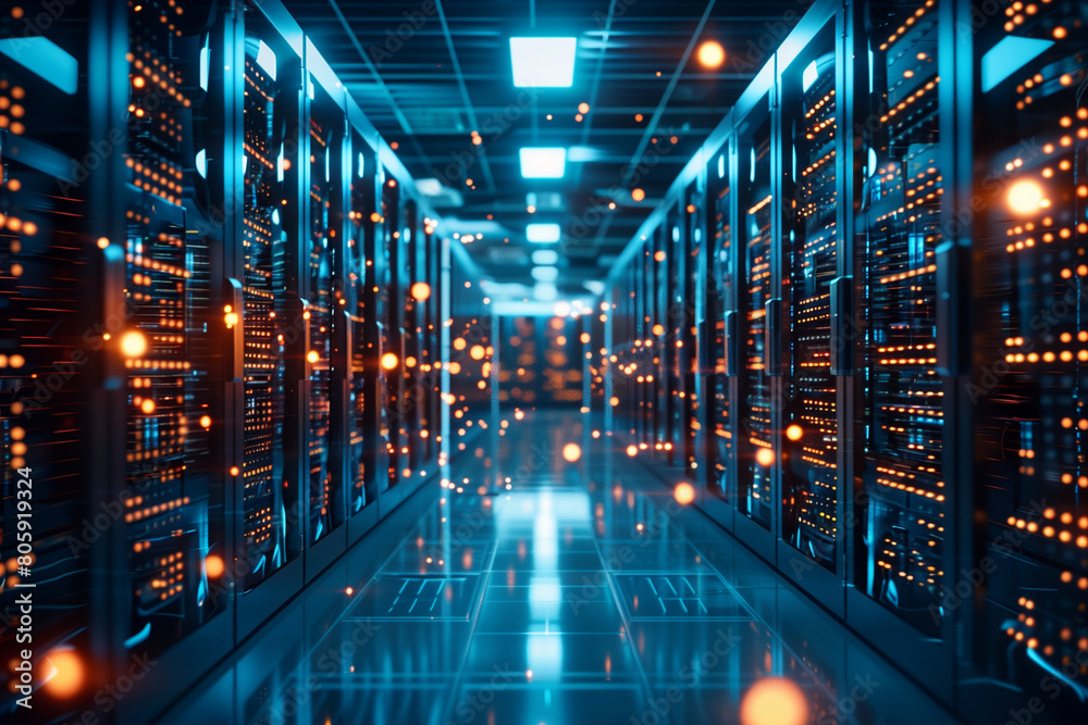 Data center, server racks in computer network security server room with neon lights in the dark Data center, server racks in computer network security server room with neon lights in the dark