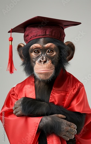 Portrait of a graduated chimpanzee isolated on a pastel orange background.