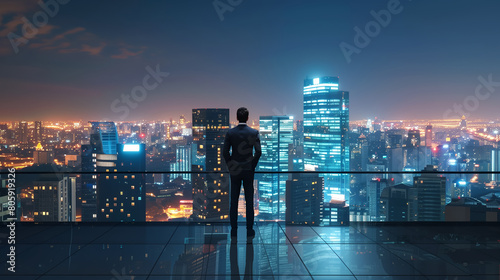 Confident businessman standing and watching city night view. Business ambition and vision concept