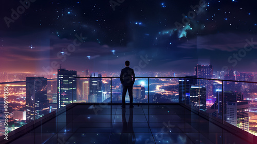 Confident businessman standing and watching city night view. Business ambition and vision concept