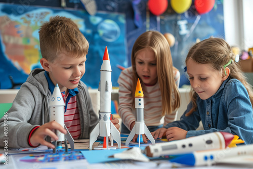 A group of school students building a model of a space rocket photo