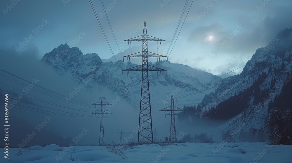 Majestic Silhouette of High Voltage Power Tower Against Snowy Mountain Background: AI-Generated Lifestyle